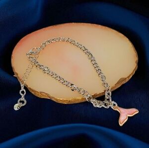 White Gold Ankle Bracelet with Pink Mermaid Tail Preppy Oceancore Seaside Beachy
